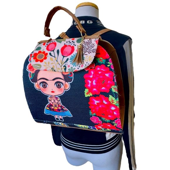 Artisan Made Frida Kahlo Canvas Faux Leather Tote Backpack From Coyoacan Mexico - Picture 9 of 9